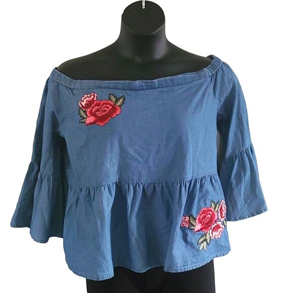 A.N.A Denim Off Shoulder Blouse with Floral Embroidery – Size Large – 3/4 sleeve - Picture 2 of 6